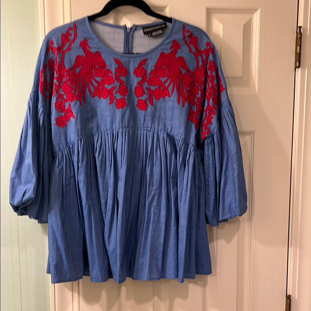 Anthropologie Blue Bishop Sleeve Blouse with Embellished Pleats